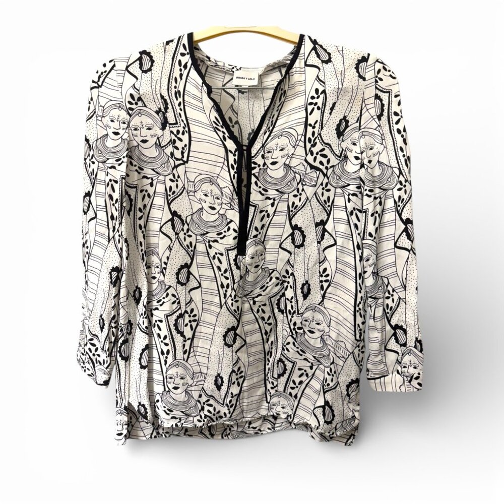 New Bimba y Lola Maasai Graphic Portrait Print V-Neck Blouse Small